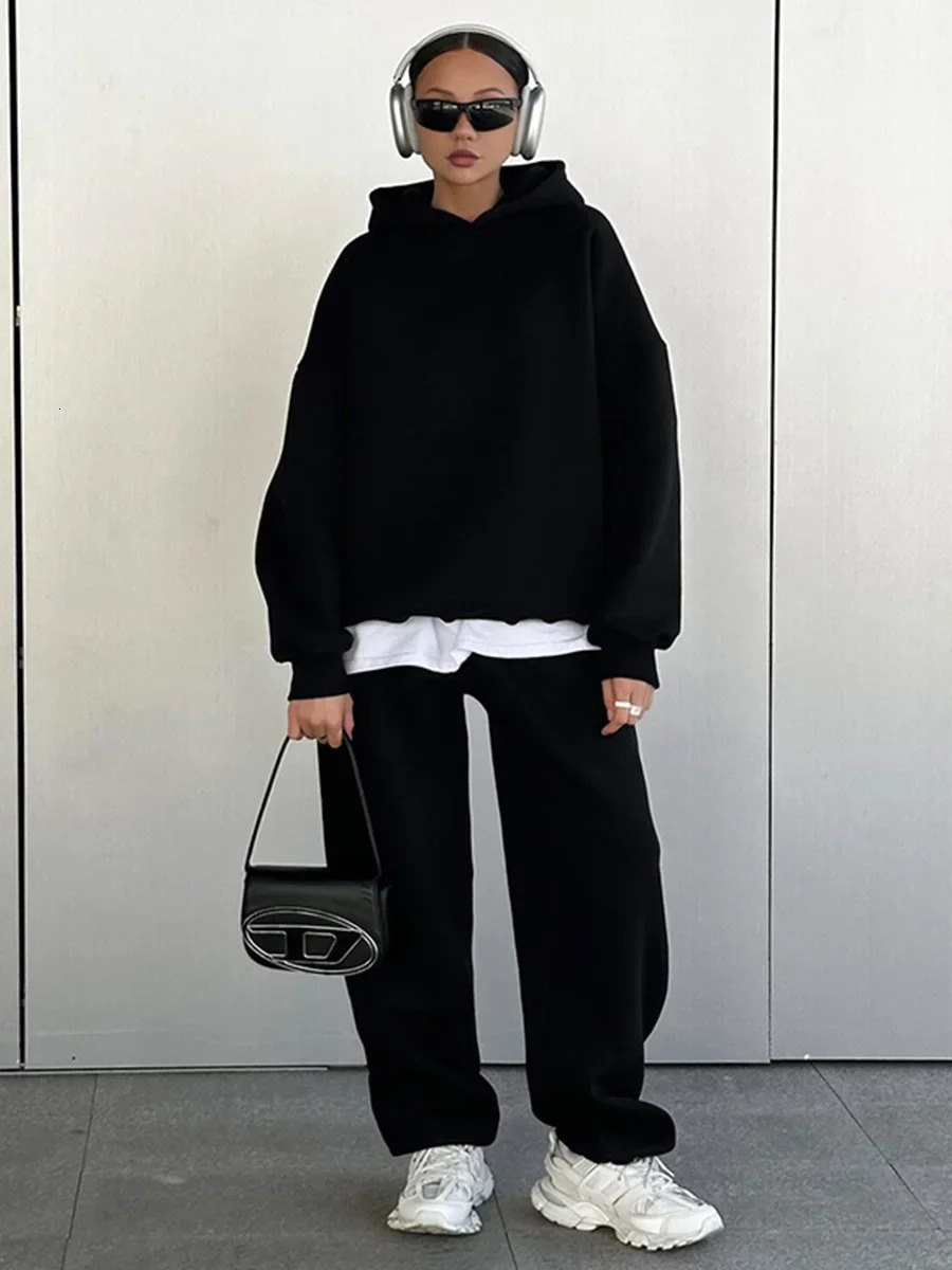 Wolfeel Solid Color Hoodies Pants 2-Pieces Sets Winter Thicken Fleece Womens Sweatshirt Oversized Fashion Warm Pullovers Sets 250709