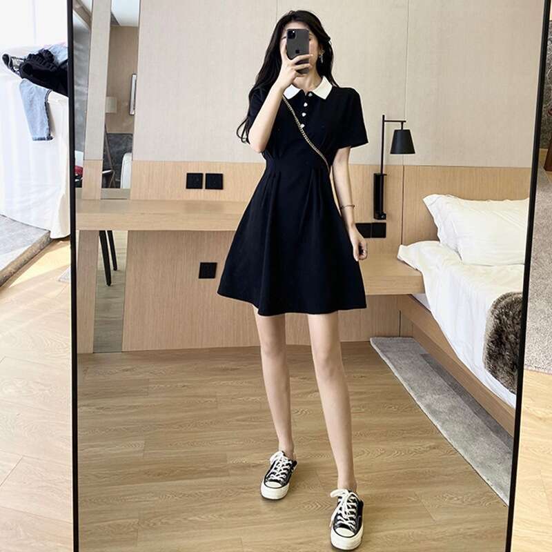 New Women's Summer French Preppy Style Little With Unique Design Black Polo Dress B5