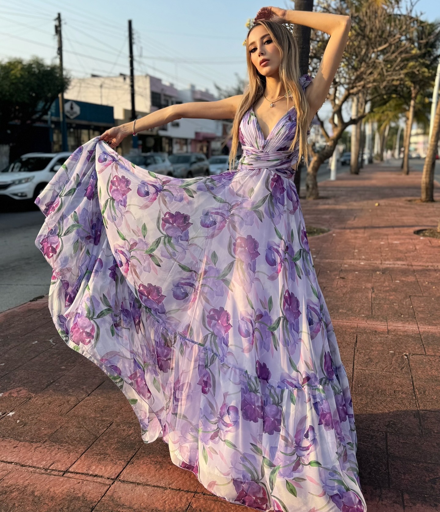 2025 Summer Chiffon Dress with Ruffled Edges and Floral Print INS Vacation Style Pleated Slimming Women's Clothing ddmysept