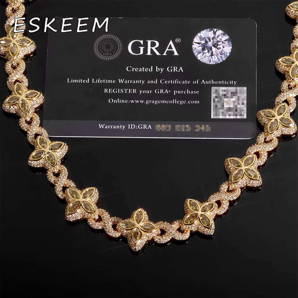 Luxury 925 Silver Chain Colored Moissanite Iced Out Cuban Link Necklace Four Leaf Clover Design Hip Hop Jewelry for Women