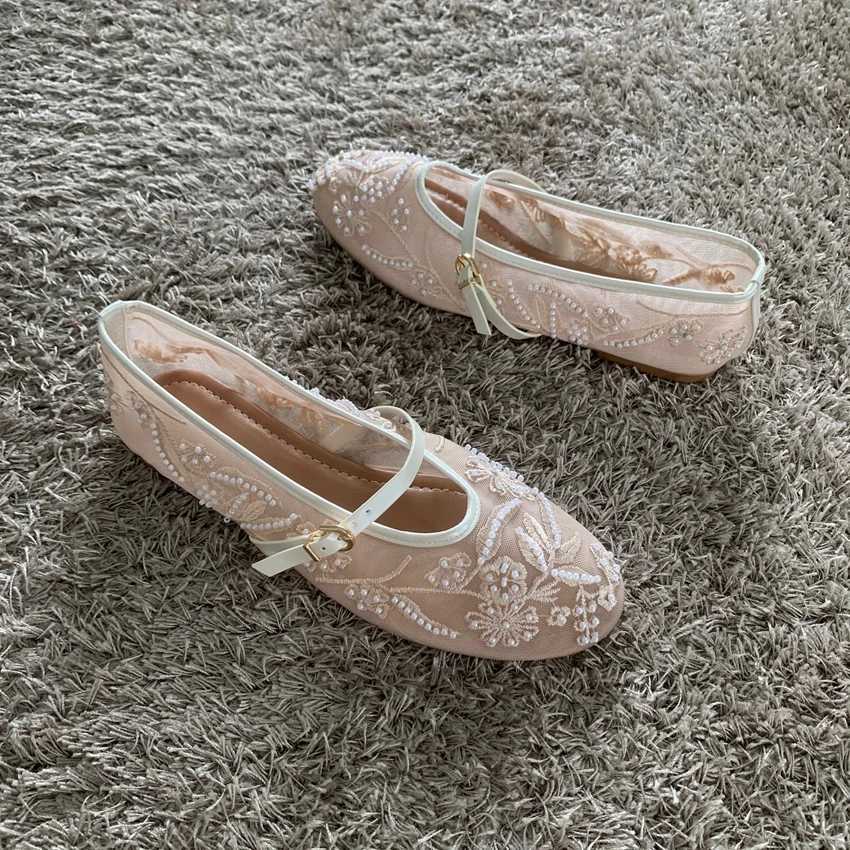 Mesh Embroidery String Bead Design Women Ballet Flats Fi Buckle Breathable Mary Jane Shoe Comfort Low Heel Soft Flat SandalXJ250712