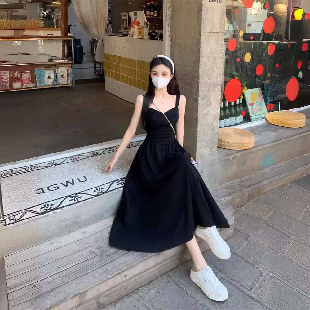 French Strap For Women, Summer Petite Waist-Cinching Slimming High-End Hepburn Style Little Black Long Dress B5