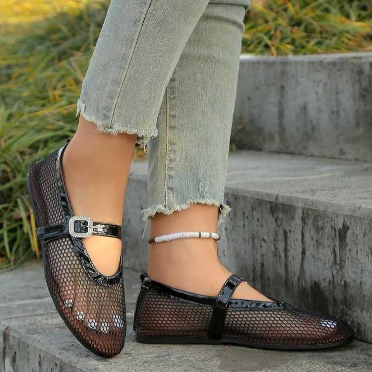 Summer Round Toe Mesh Breathable Womens Ballet Flats Casual and Comfortable Cut-out Mary Jane Single Shoe Fishnet Shoes XJ250712