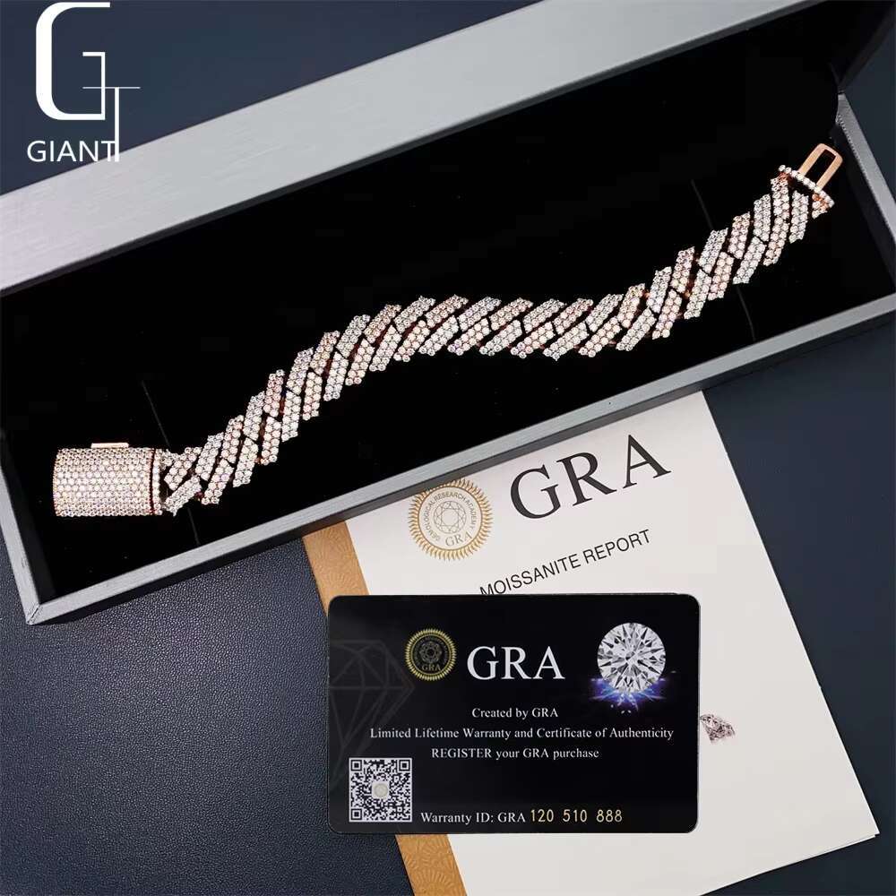 15mm Rose Gold + Silver Plated HIP HOP Jewelry 925 Sterling Silver VVS Moissanite Diamond Cuban Link Necklace Bracelet Unisex