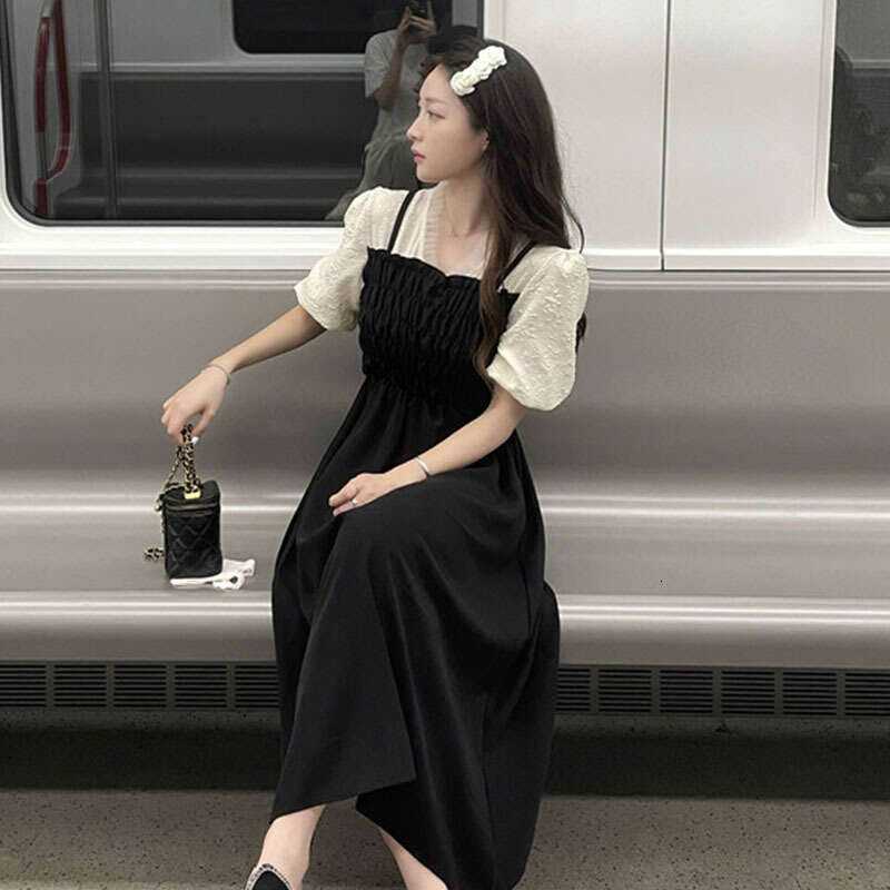 Fake Two-Piece Waist-Cinching Black Summer New V-Neck Elegant Design Mid-Length Women's Dress B5