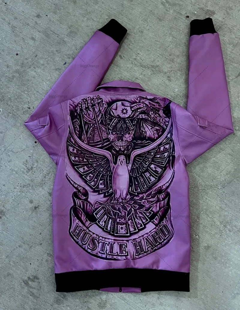 European and American Retro Jacket Demon Letter Purple Oversized Jacket Men Y2K Multi-pocket Splicing Zipper Jacket Men 250712