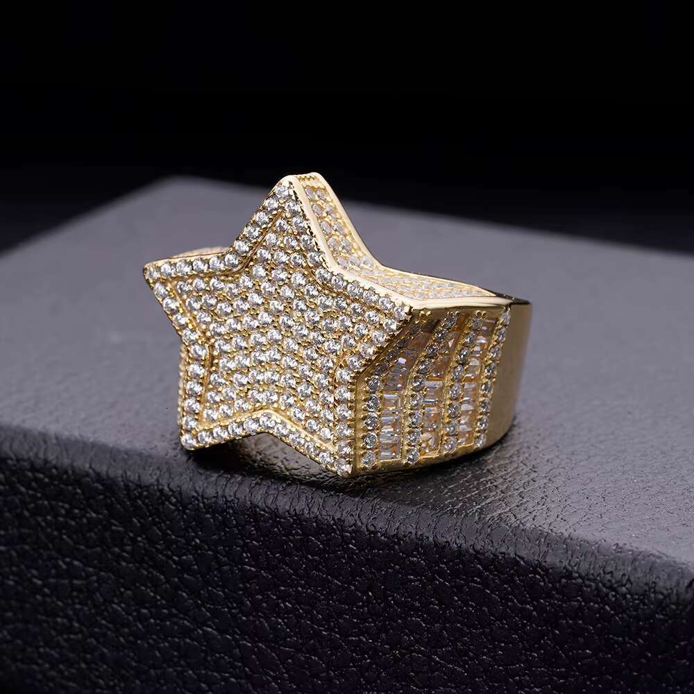 Hiphop Classic Custom Jewelry Iced Out VVS Moissanite Diamond Gold Plated 925 Sterling Silver Star Ring for Men
