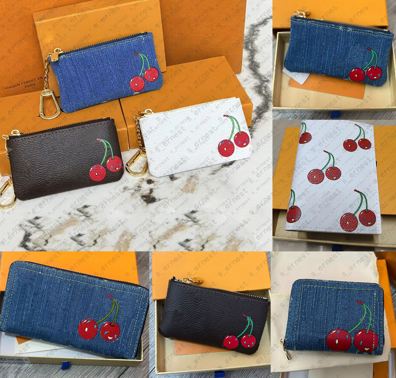 MURAKAMI Luxury womens designer wallet cherry blossom leather wallet pink zipper card purse small Credit Keychain