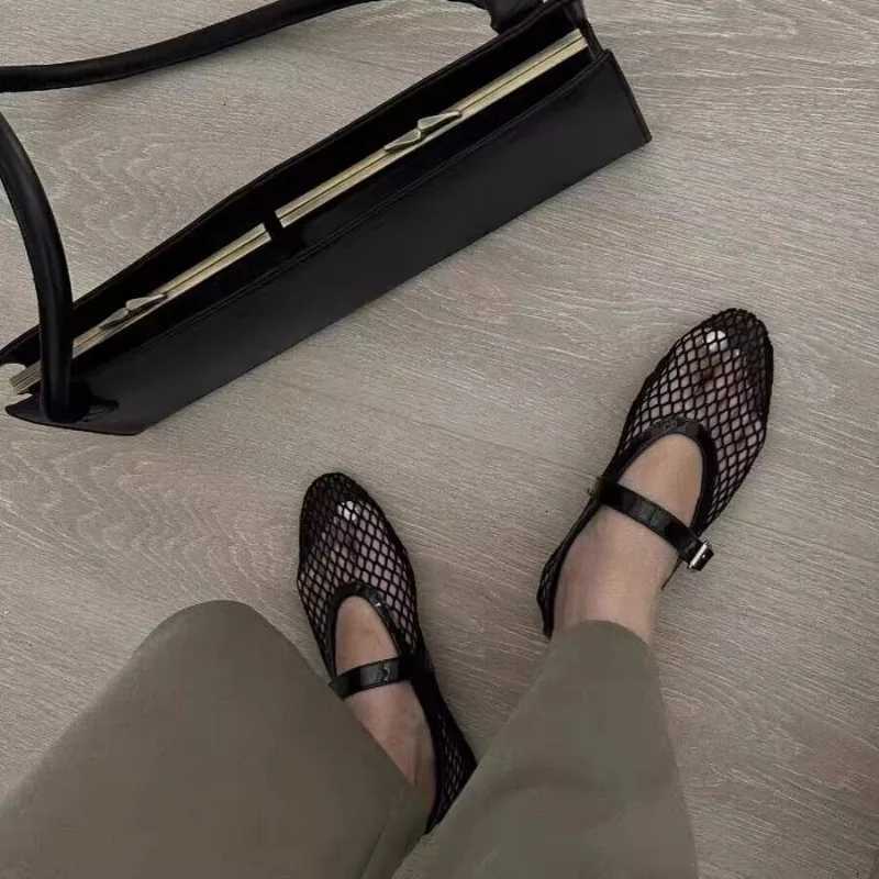 Mesh Black Ballet Shoes for Women Summer New Flat Hollow Mesh Breathable Single Shoe Fishnet Shoes Sandals XJ250712