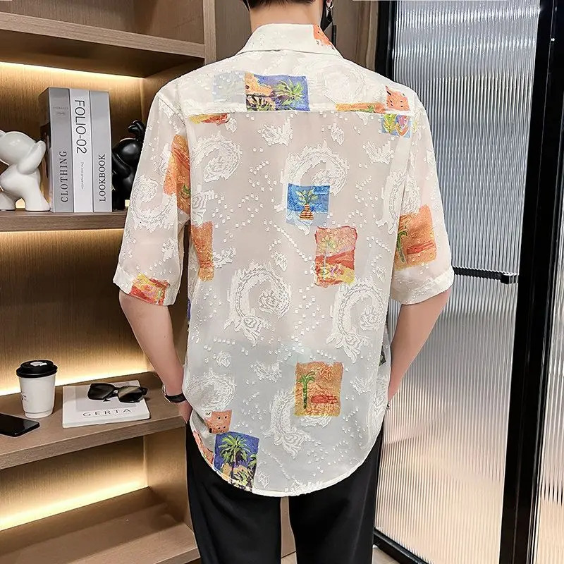 Hairdressers Five-point Sleeve Floral Shirt for Men Loose Jacquard and Breathable Ice Silk Top 250707