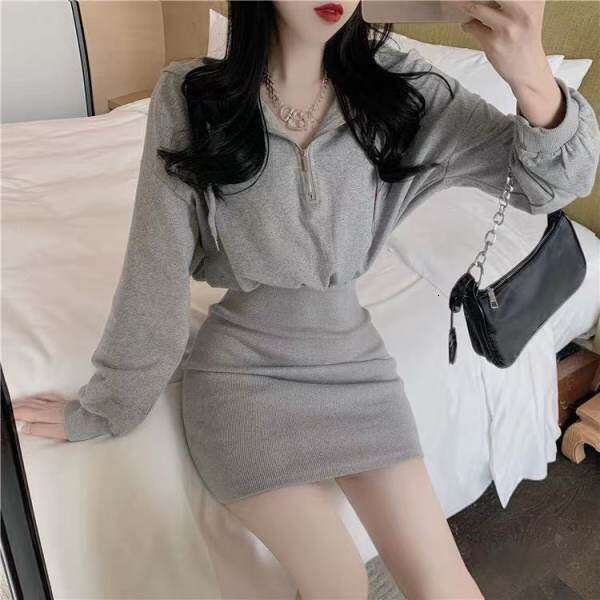 Autumn Winter New Mature Style Waist Slimming Petite Dress Women Long Sleeve Hooded Base Sweatshirt B5