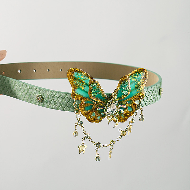 Vintage Bohemian Leather Choker Necklace with Green Charm and Tassel Detail - Retro Butterfly Jewelry for Women