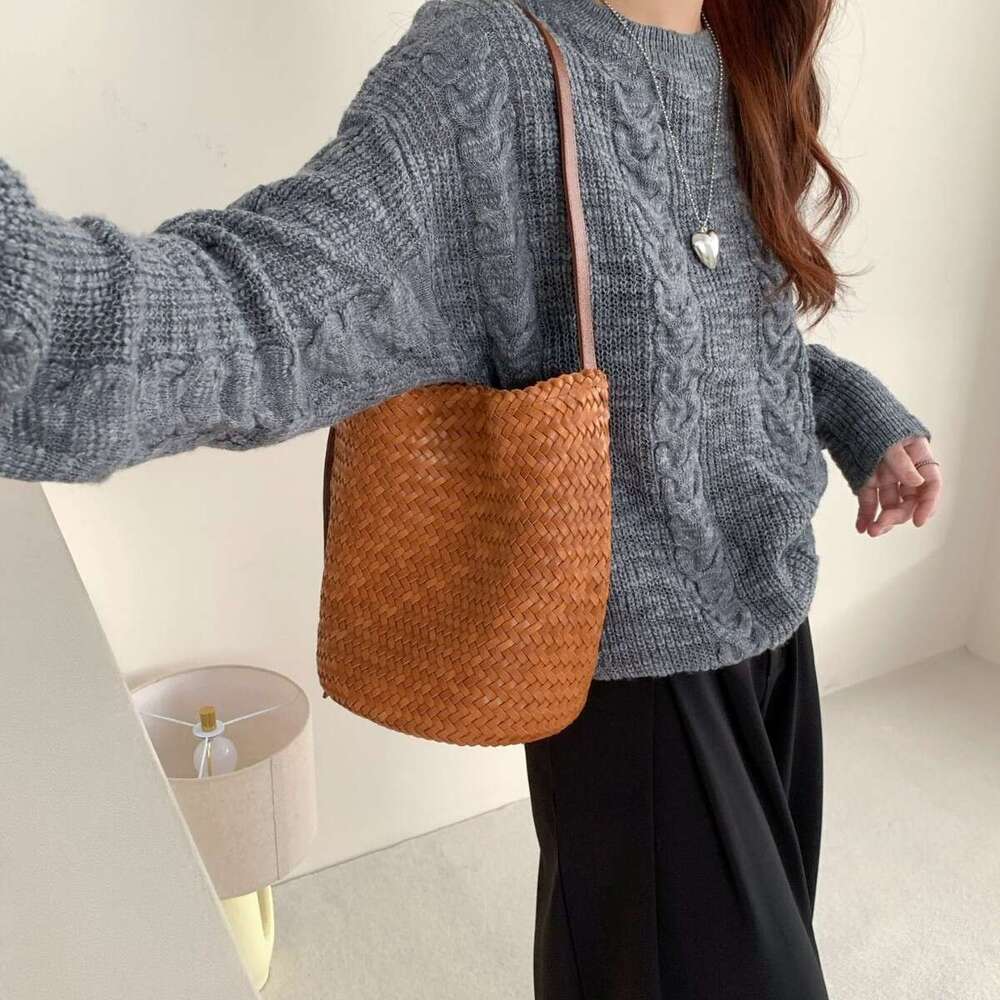 Leather Bag Bucket Bag Tote Bag New Summer Internet Celebrity Genuine Leather Woven French Style Single Shoulder Crossbody Women S Bucket B