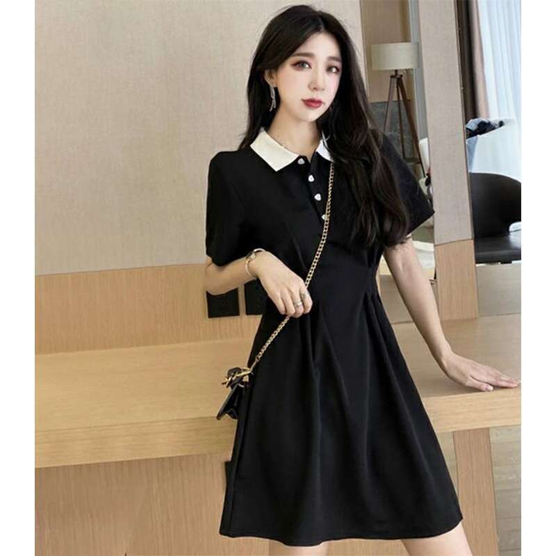 New Women's Summer French Preppy Style Little With Unique Design Black Polo Dress B5