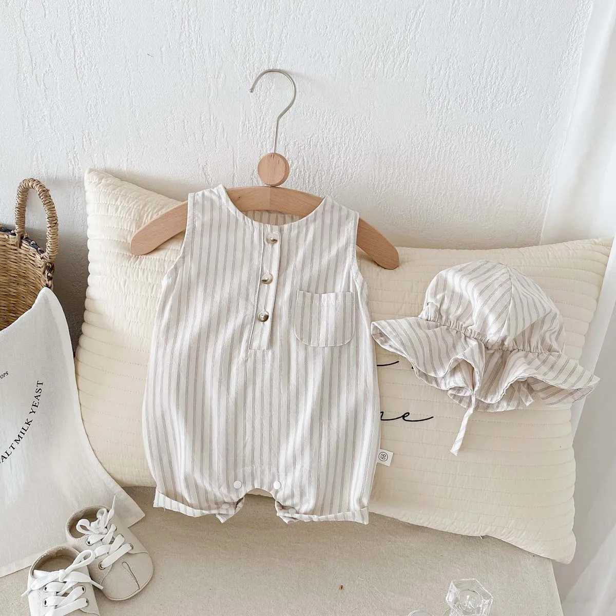 Korean Sle Newborn Bodysuit Striped Sleeveless Baby Romper with Hat Two Piece 0-24 Months Infant Onesie XJ250712