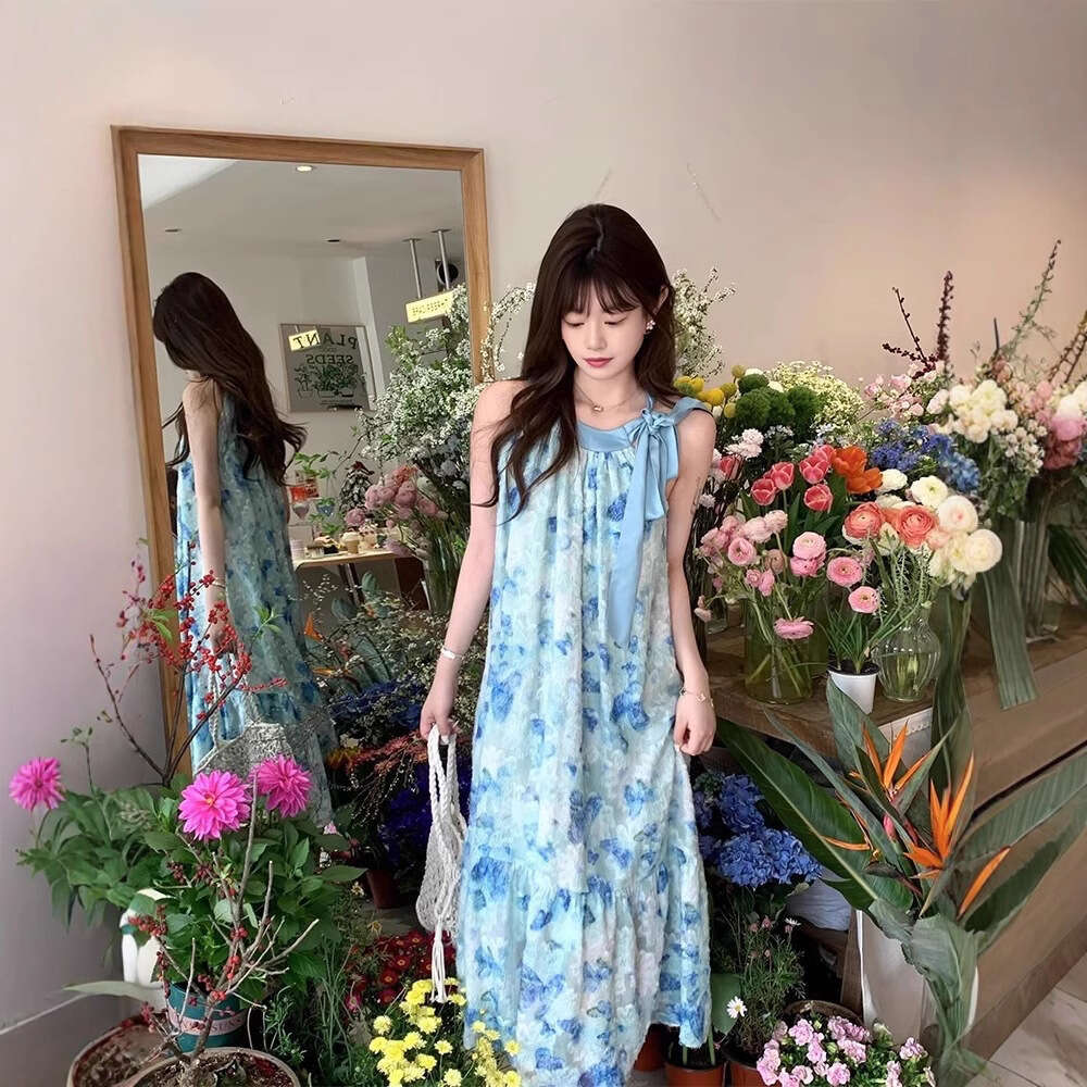 Sleeveless Blue Butterfly Beach Seaside Vacation Style Petite Mid-Length Thin Strap Floral Dress For Women B5