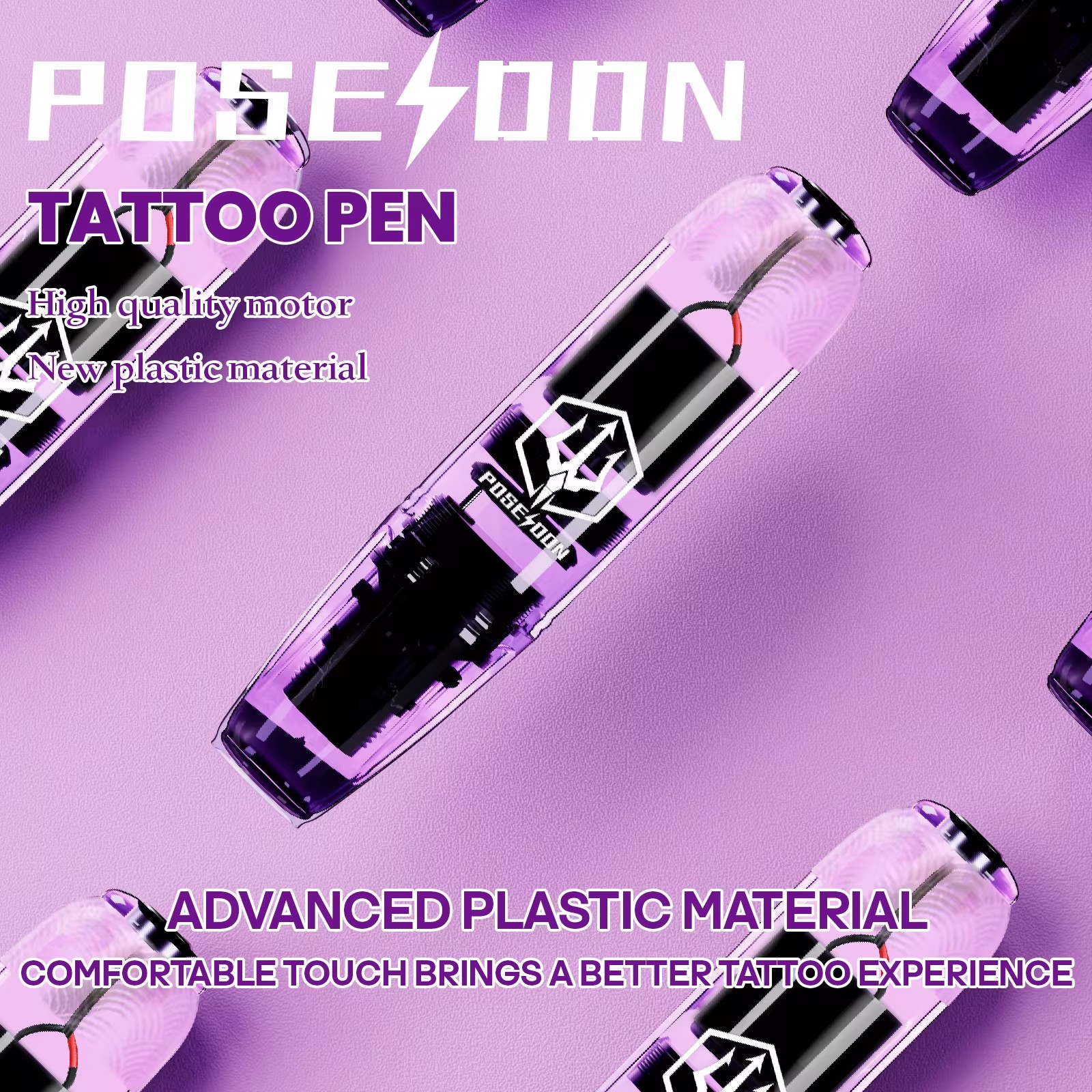 POSEIDON Tattoo Kit 10PCS Tattoo Needles Tattoo Pen Kit High Power Transparent Purple Tattoo Power Supply Tattoo Machine Kit