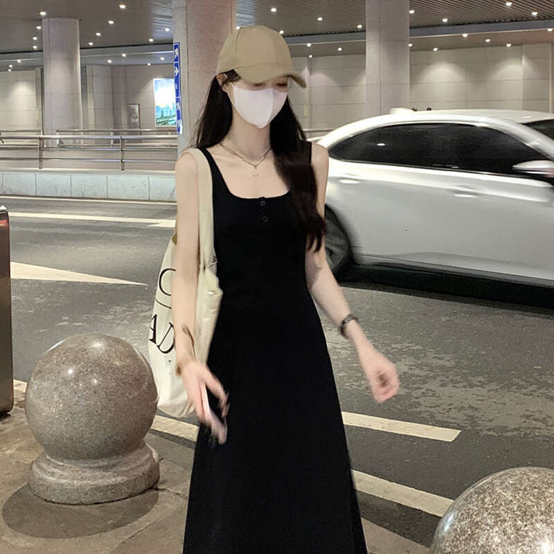 Black Strap Spring Summer For Plus Size Women Slimming Base Layer Pure Desire High-End A-Line Long Dress B5