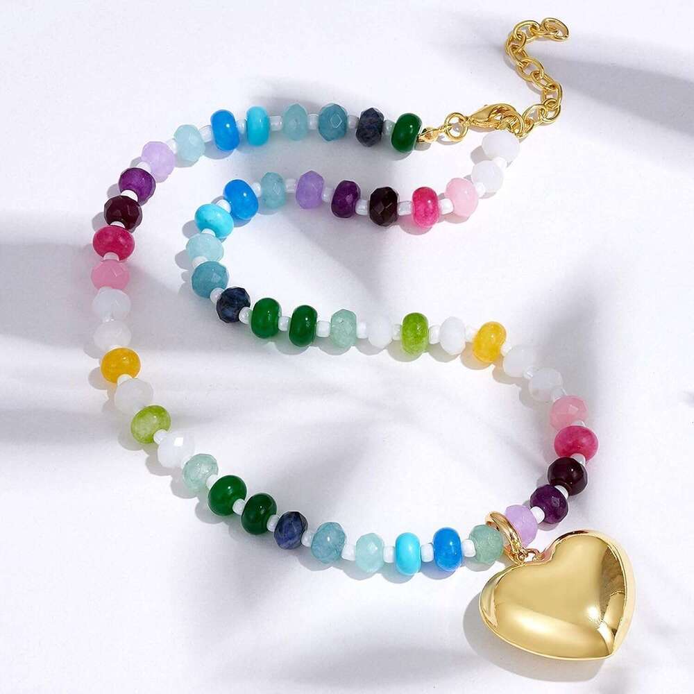 Beaded Necklace for Women Colorful Boho Bead Choker With Bubble Puffy Heart Pendant Natural Stone Rainbow Necklaces Summer Surfer Beach Handmade Jewel