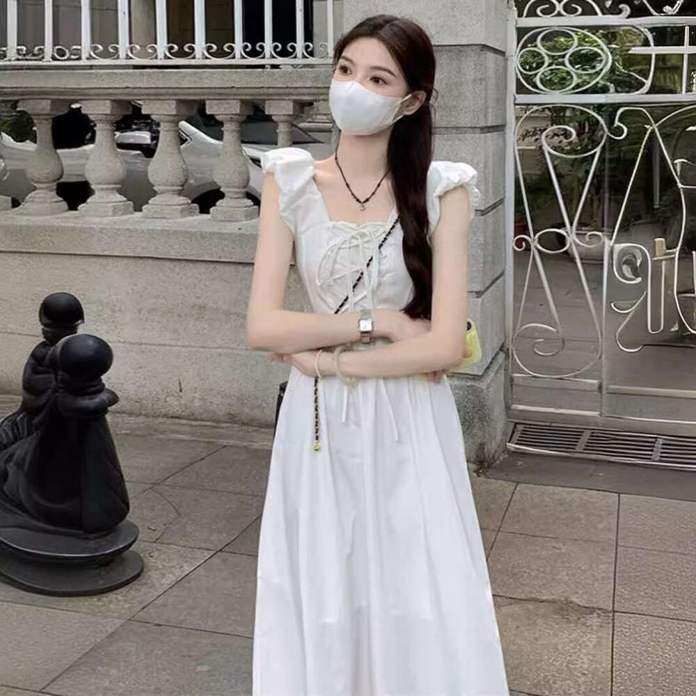 Tea Break French Style Square Neck Tie Small Flutter Sleeve White For Women Summer Design Sense Waist Slimming Sleeveless Long Dress B5