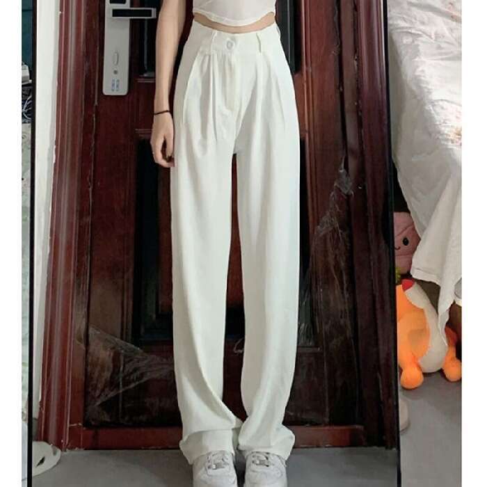 Pink Ice Silk Wide-Leg For Women, Summer Thin Draped Cool Pants, Sun-Proof Petite Straight Chiffon Suit Pants B5