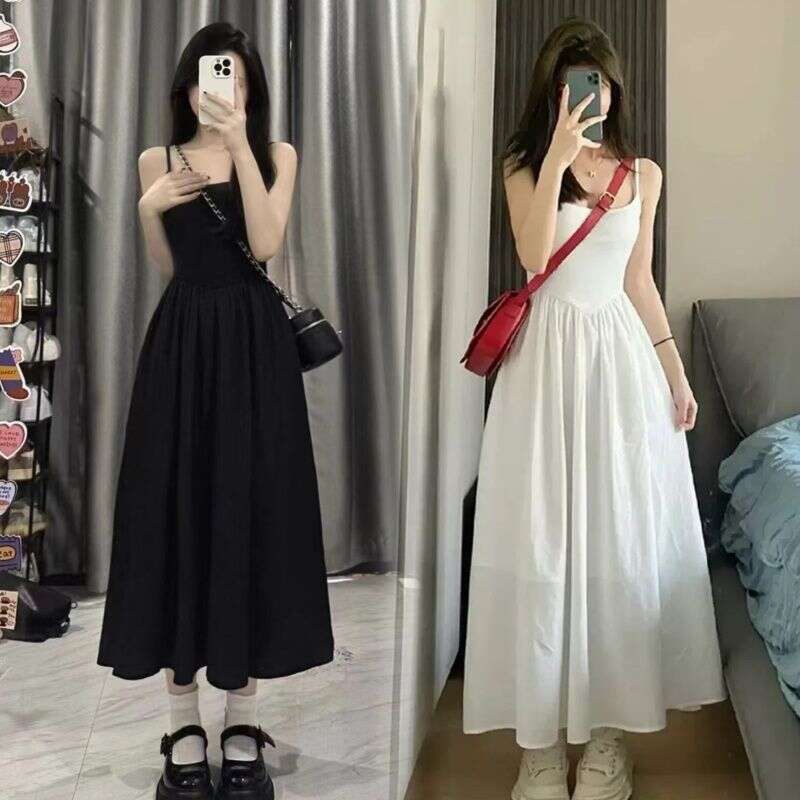 French Pure Desire Hepburn Style Black Strap For Women Summer Design Sense Niche Casual Waist-Cinching Long Dress B5