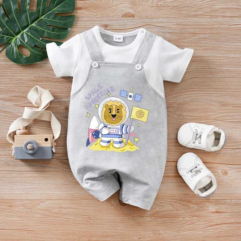 Faux Two-Piece Suspender Astronaut Lion Jumpsuit Soft and Comfortable Short-Sleeved for Newborn Babies in Summer XJ250712