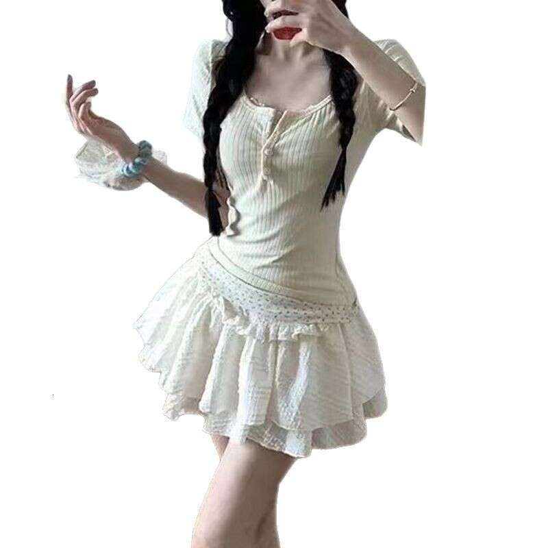 Summer Matching New Pure Desire Sweet Girl Slim Fit Fake Two-Piece Short Sleeve Half Skirt Set B5