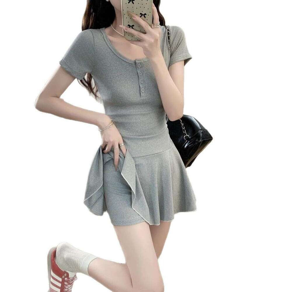 New Gray Slim Fit Sleeve For Women, Summer Waist-Cinching A-Line Dress, Petite Slimming Short Dress B5