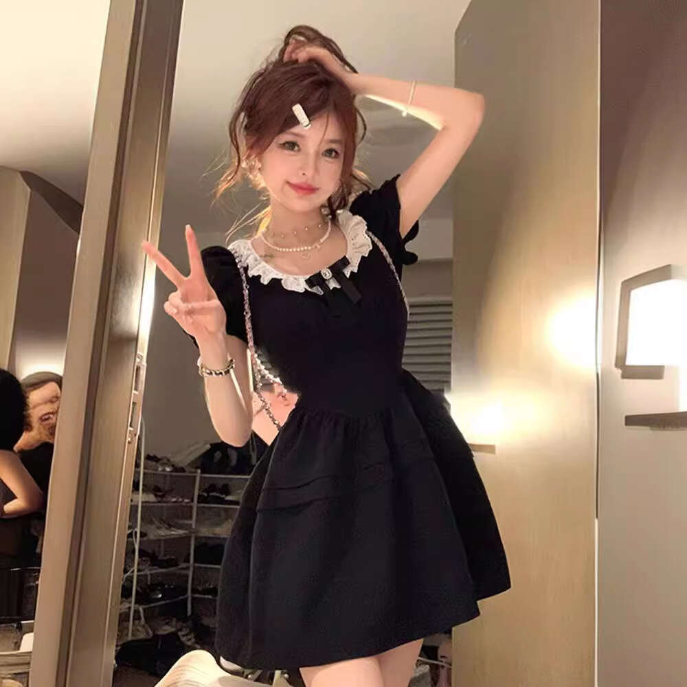 French Style Black Sleeve For Women Summer High-End Elegant Princess Puff Waist-Cinching Petite Short Dress B5
