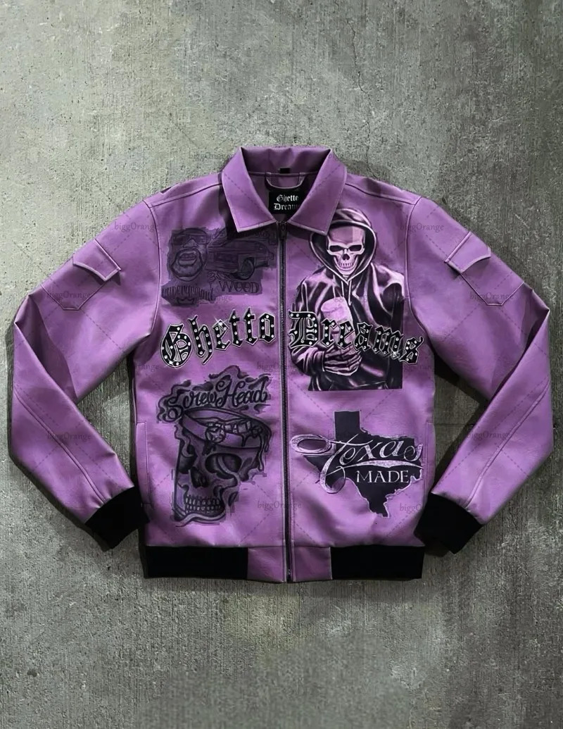 European and American Retro Jacket Demon Letter Purple Oversized Jacket Men Y2K Multi-pocket Splicing Zipper Jacket Men 250712