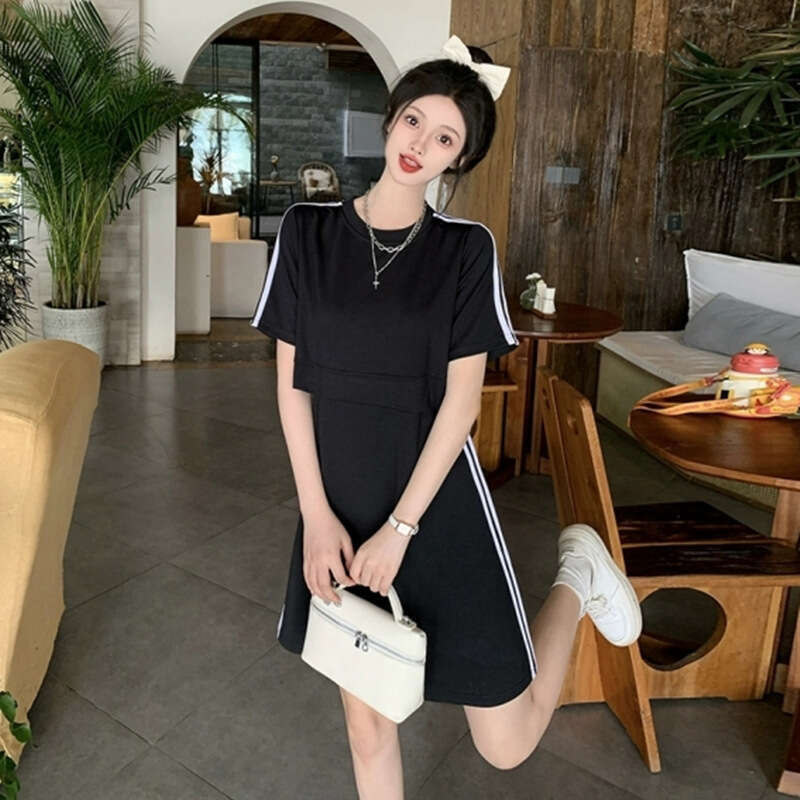 Plus Size French Casual Fake Two-Piece Summer Fat MM Belly Covering Slimming Sports Style Dress For Women B5