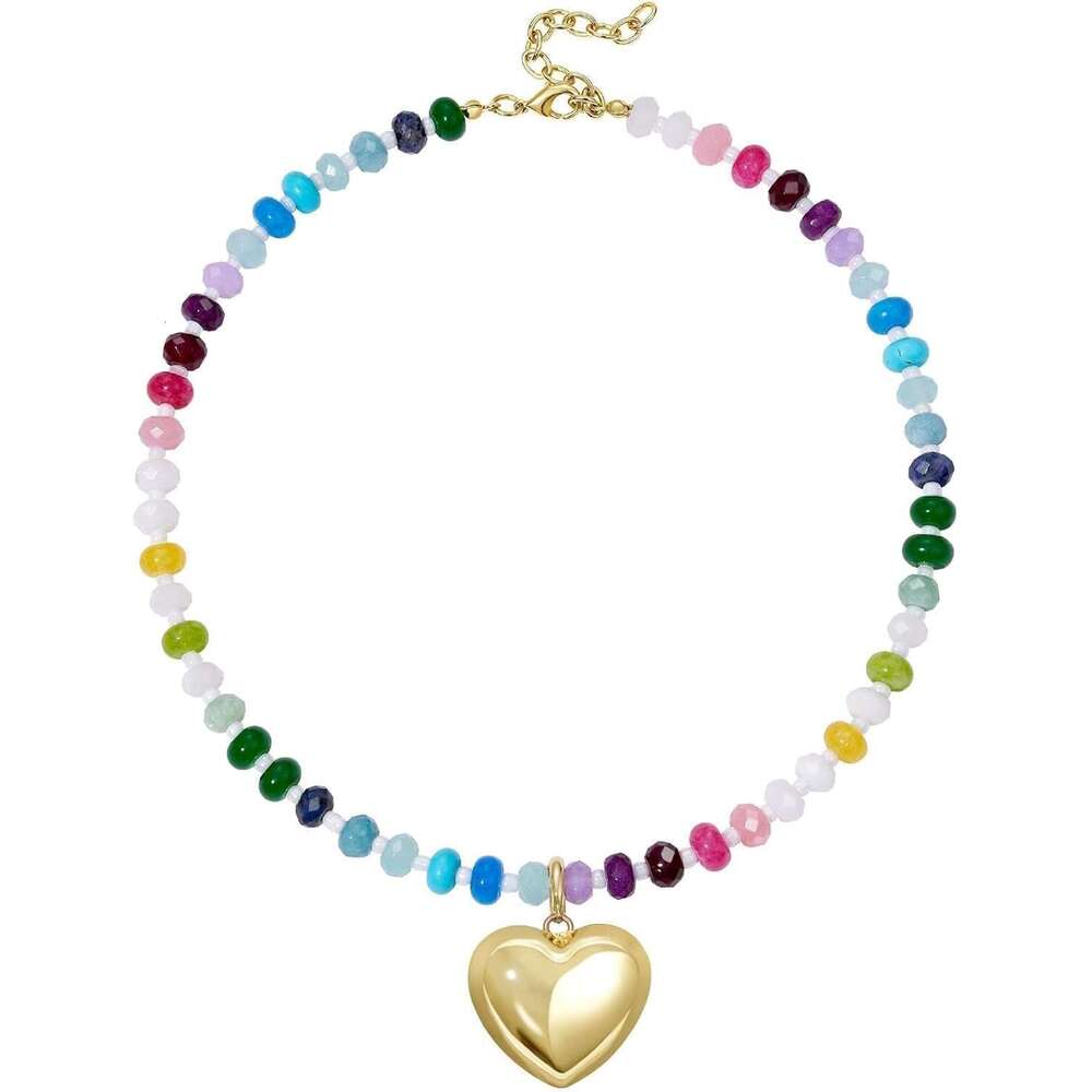 Beaded Necklace for Women Colorful Boho Bead Choker With Bubble Puffy Heart Pendant Natural Stone Rainbow Necklaces Summer Surfer Beach Handmade Jewel