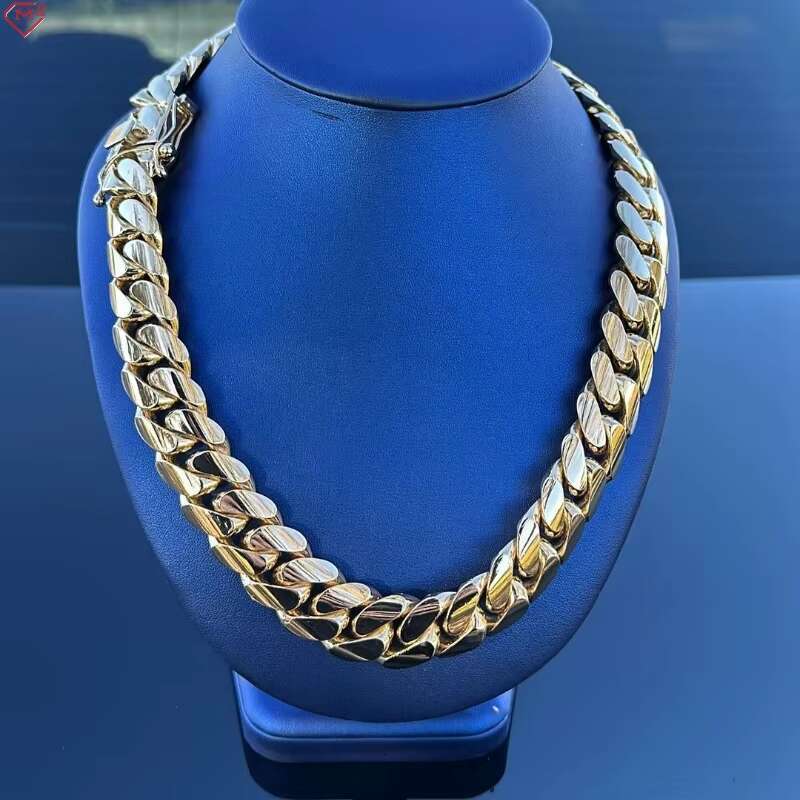 18K Gold Plated Cuban Link Chain Plain Necklace 20MM Custom Rapper Men Hip Hop Plain Gold Moissanite Chain