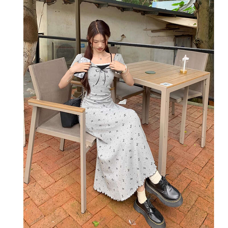 French Style Gray Printed Short Sleeve For Women Summer Petite Waist Slimming Fake Two-Piece Dress B5