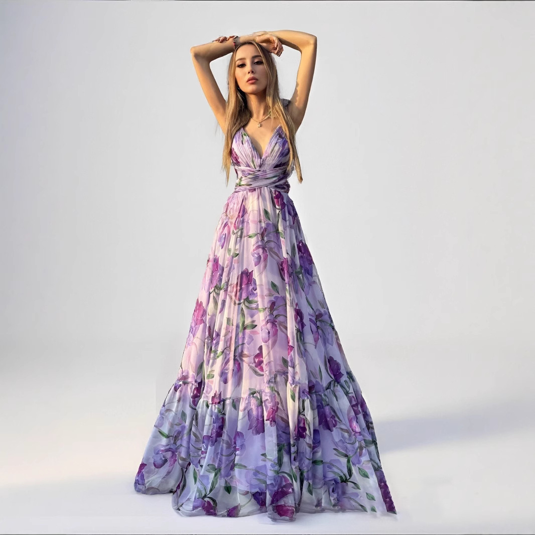 2025 Summer Chiffon Dress with Ruffled Edges and Floral Print INS Vacation Style Pleated Slimming Women's Clothing ddmysept