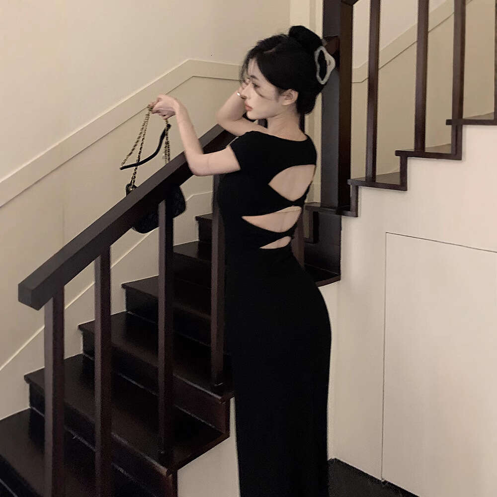 Spicy Girl Black Backless Short Sleeve For Women Summer High-End Sexy Slim Fit Elegant Slimming Bodycon Split Long Dress B5