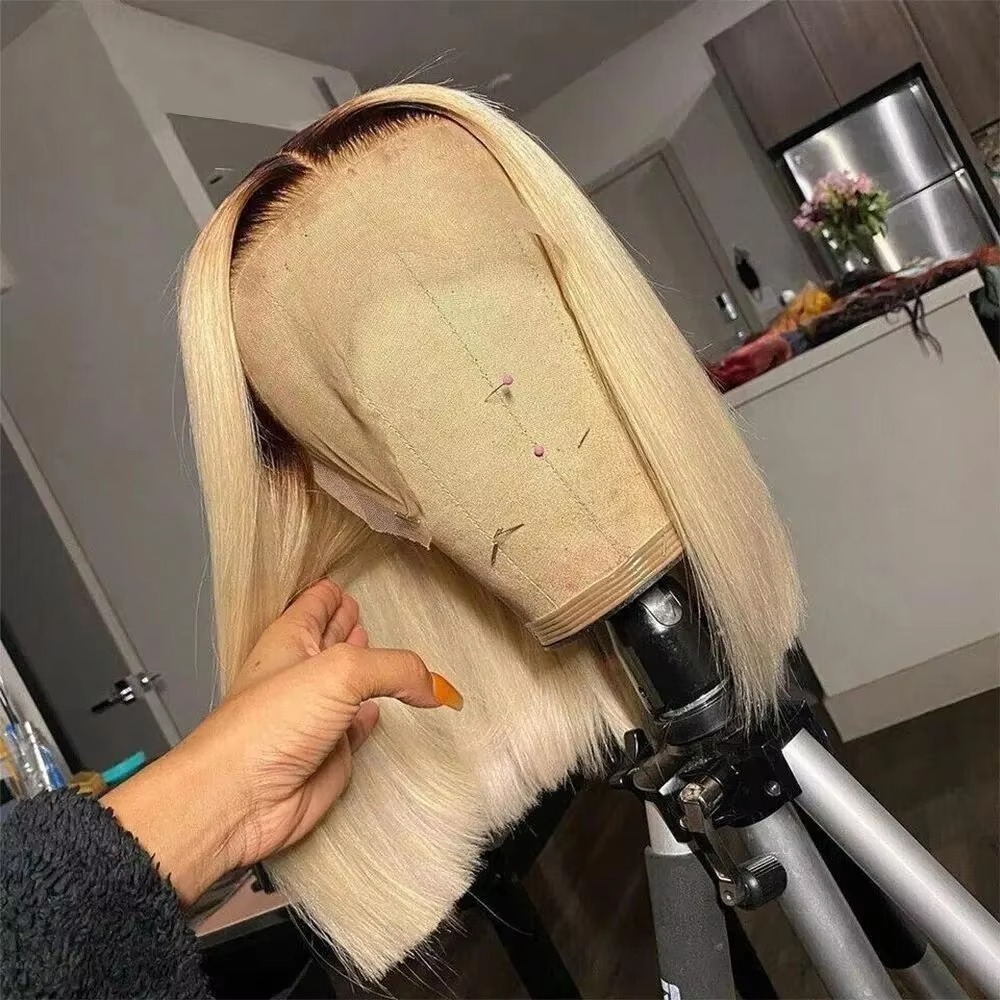 Ombre Blonde Wig Straight Short Bob HD Lace Frontal Wig 13x4 Transparent Lace Front Wig Closure Wig For Women Synthetic Wig