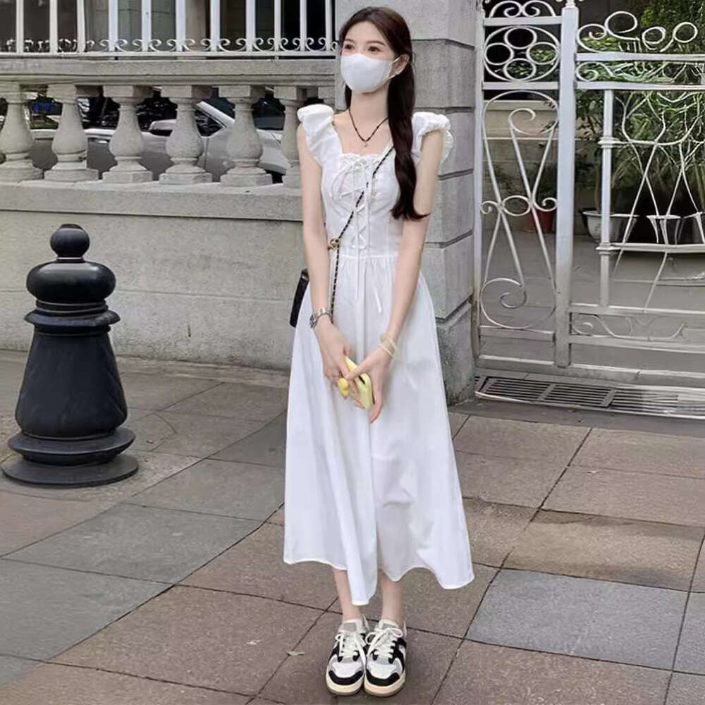 Tea Break French Style Square Neck Tie Small Flutter Sleeve White For Women Summer Design Sense Waist Slimming Sleeveless Long Dress B5
