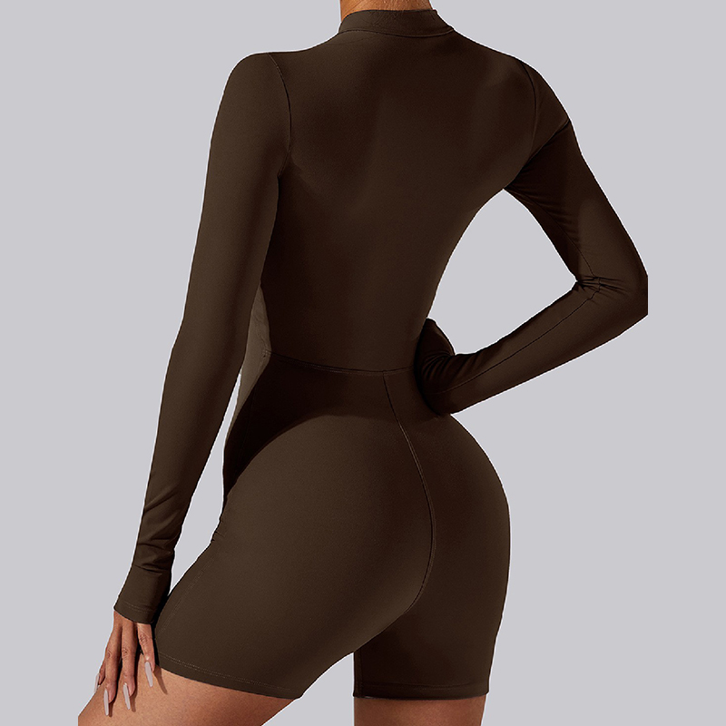 Women's New Open Collar Zip-up Long-sleeve Romper Shorts | Sexy Fitted Yoga Outfit for Dance, Fitness & Workout