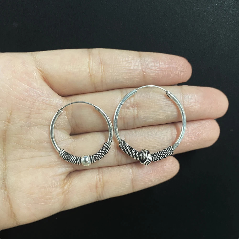Real 925 Sterling Silver Hoop Earrings Antique Thai Silver Round Circle Hip Hop Punk Gothic Jewelry Party Gift 250708