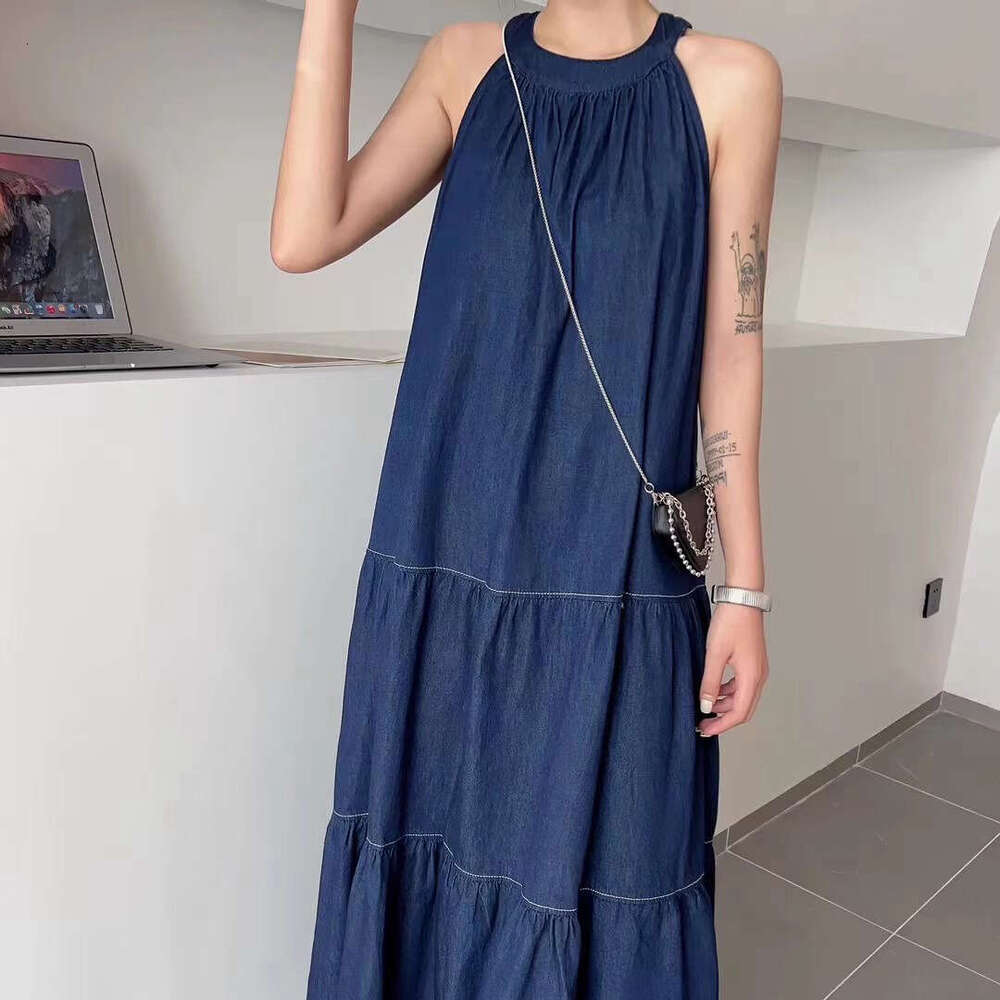 French Style Blue Halter Summer Plus Size Loose Fit For Chubby Women, Travel Beach Vacation Elegant Long Dress B5