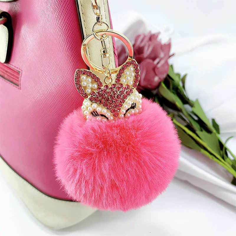 Cute Pompom Keychain Charm Rhinestone Mini Fox Fluffy Fur Pendant For Women Bag Car Keyring Phone Jewelry Accessories Kids Gift 250708