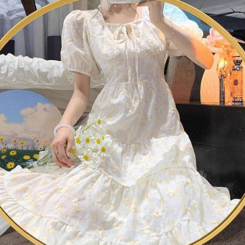 French Apricot Floral For Women Summer New Gentle Style Petite High-End Waist-Cinching Long Dress B5