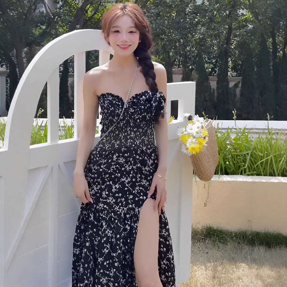 Black Sweet And Spicy Floral For Women Summer New French Style Tea Break Strapless Slit Long Dress B5