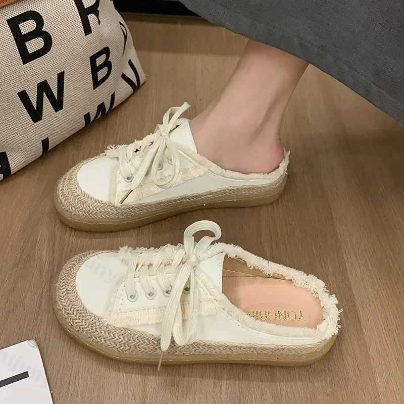 2024 Autumn New Designer Lace Up Canvas Shoes for Women Fi Casual Half Slipper Shoes Female Flat Casual Sneakers Ladies XJ250712