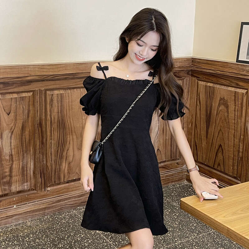 Plus Size Puff Sleeve Women's Fashion Summer New French Style Little Black Petite Short Dress B5