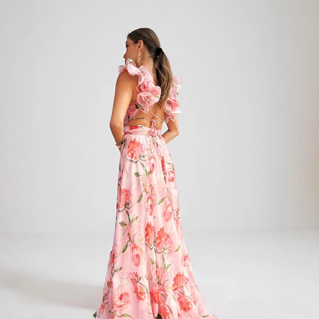 2025 Summer Chiffon Dress with Ruffled Edges and Floral Print INS Vacation Style Pleated Slimming Women's Clothing ddmysept