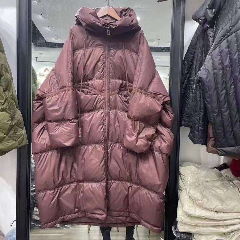 Janveny 2025 New Winter Hooded Drawstring Loose Puffer Jacket Women Solid Casual Silhouette Long 90% White Duck Down Warm Coat