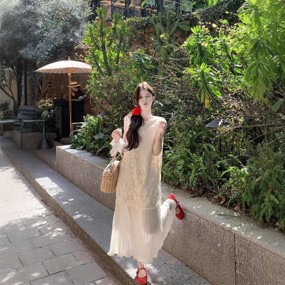 Summer New French Vacation Style Lace Embroidered Mid-Length Sleeveless Tank Dress Women's Chic B5